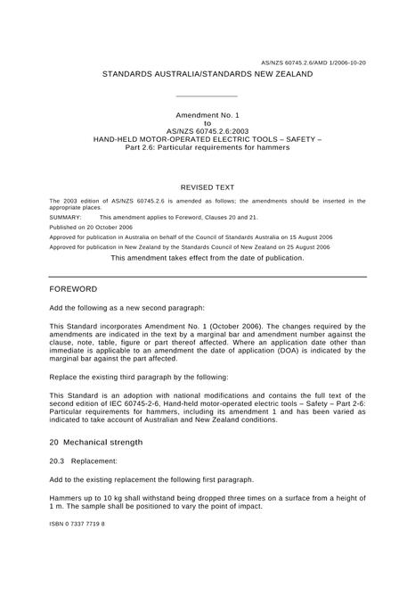 AS/NZS 60745.2.6:2003 AMDT 1