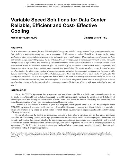 023 -- Specifying Variable Speed Solutions for Data Center Reliable, Efficient and Cost-Effective Cooling