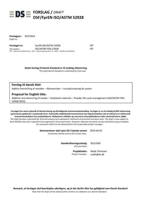 DANSK DSF/FPREN ISO/ASTM 52928
