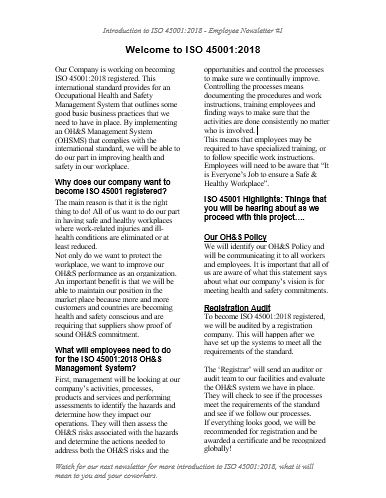 ISO 45001:2018 Set of Employee Newsletters