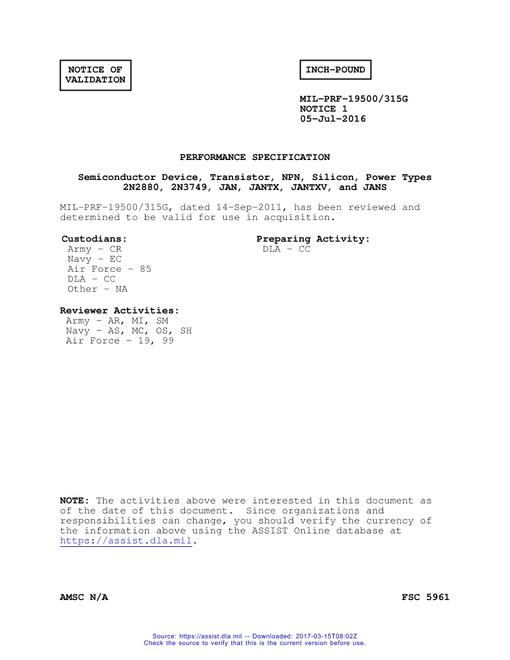 MIL MIL-PRF-19500/315G Notice 1 - Validation