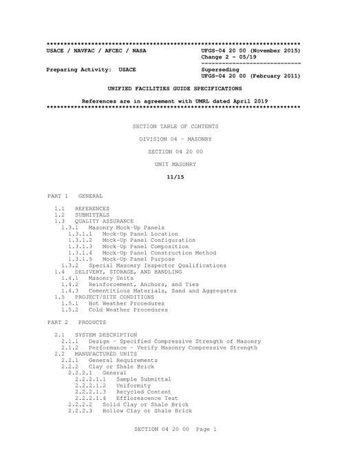 ARMY UFGS-04 20 00