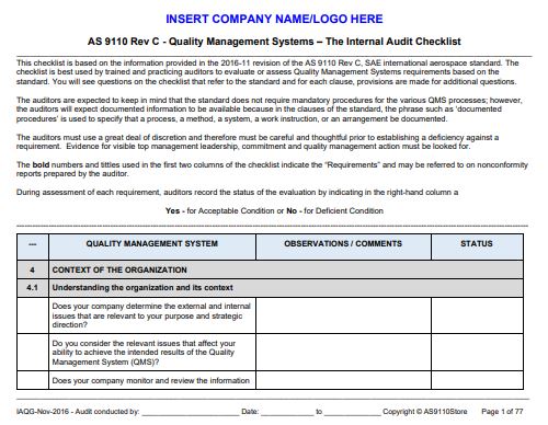 AS9110 Rev C Internal Auditor Training & Checklist Package