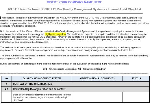 ISO 9001 to AS9110C Internal Audit Checklist