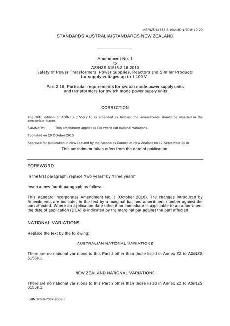 AS/NZS 61558.2.16:2010 AMDT 1