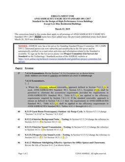 ASHRAE/ICC/USGBC/IES 189.1-2017 Errata (March 22, 2019)