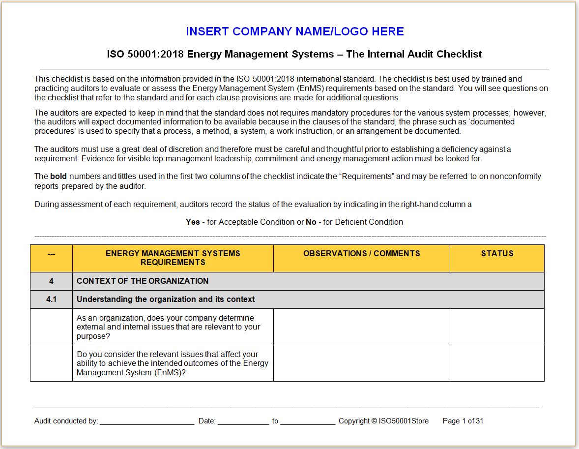 ISO 50001:2018 Internal Audit Checklist