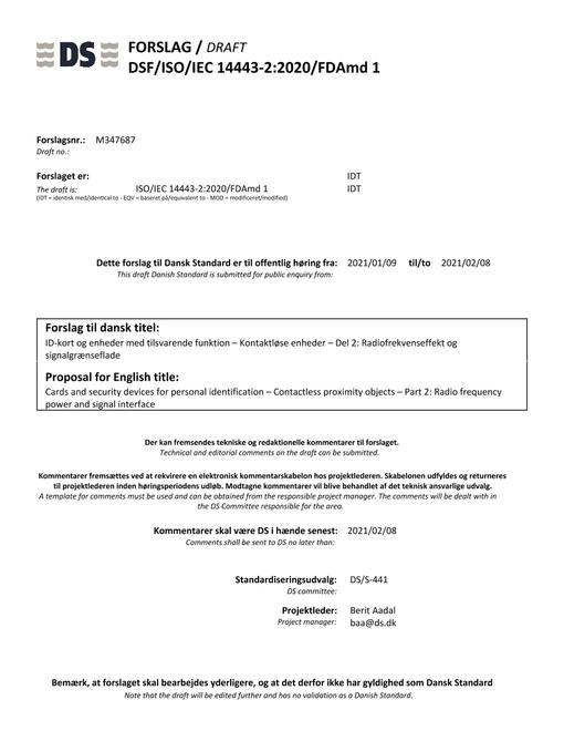 DANSK DSF/ISO/IEC 14443-2/FDAMD 1