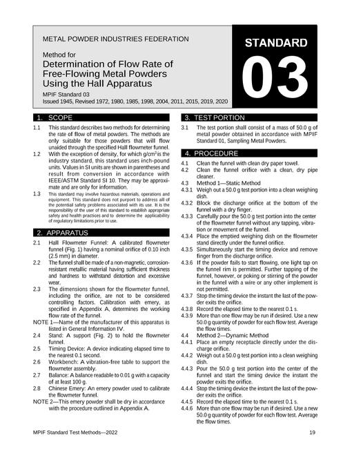 Standard Test Method 03: Method for Determination of Flow Rate of Free-Flowing Metal Powders Using the Hall Apparatus