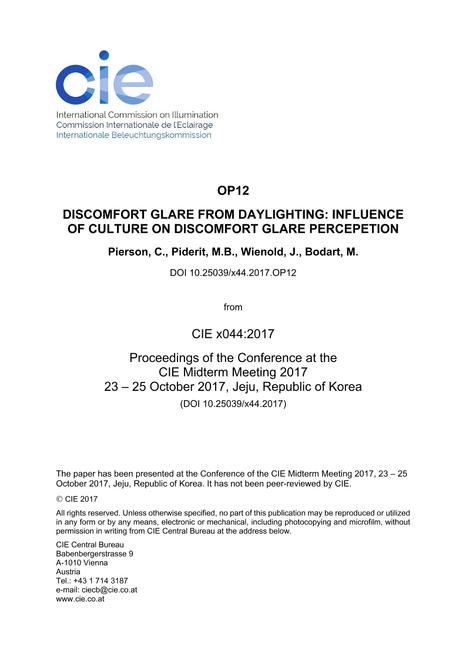 DISCOMFORT GLARE FROM DAYLIGHTING: INFLUENCE OF CULTURE ON DISCOMFORT GLARE PERCEPETION (OP12, 83-93)