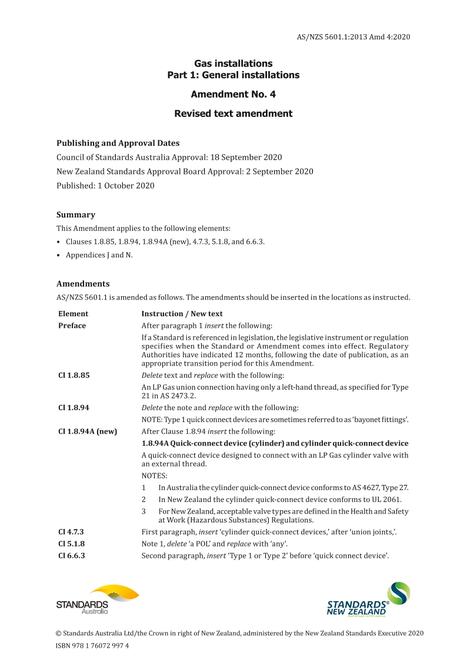 AS/NZS 5601.1:2013 Amd 4:2020