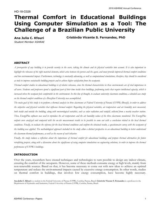 HO-18-C028 -- Thermal Comfort in Educational Buildings Using Computer Simulation as a Tool: The Challenge of Brazilian Public University