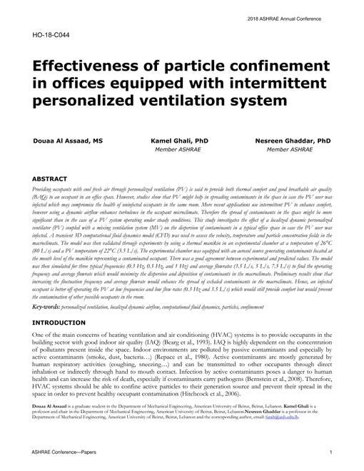 HO-18-C044 -- Effectiveness of Particle Confinement in Offices Equipped with Intermittent Personalized Ventilation System