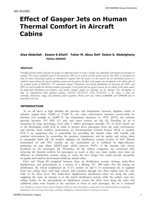 HO-18-C003 -- Effect of Gasper Jets on Human Thermal Comfort in Aircraft Cabins