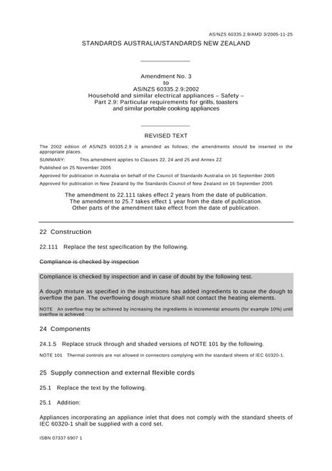 AS/NZS 60335.2.9:2002 AMDT 3