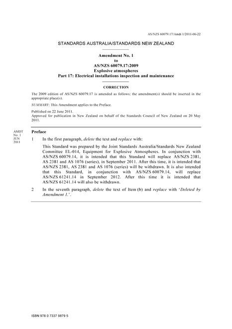 AS/NZS 60079.17:2009 AMDT 1