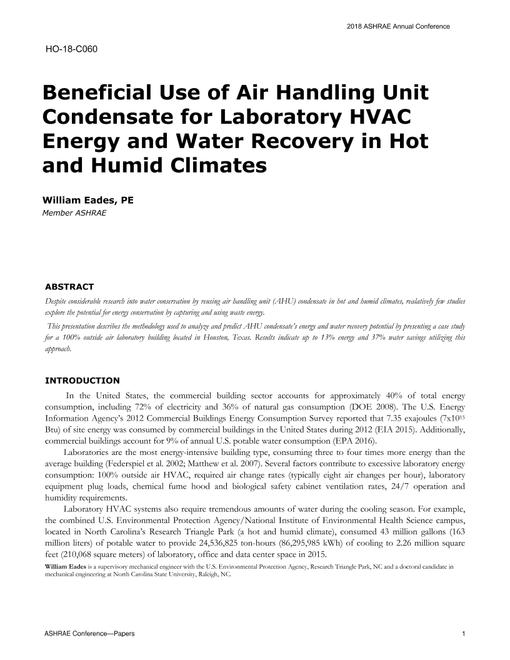 HO-18-C060 -- Beneficial Use of Air Handling Unit Condensate for Laboratory HVAC Energy and Water Recovery in Hot and Humid Climates