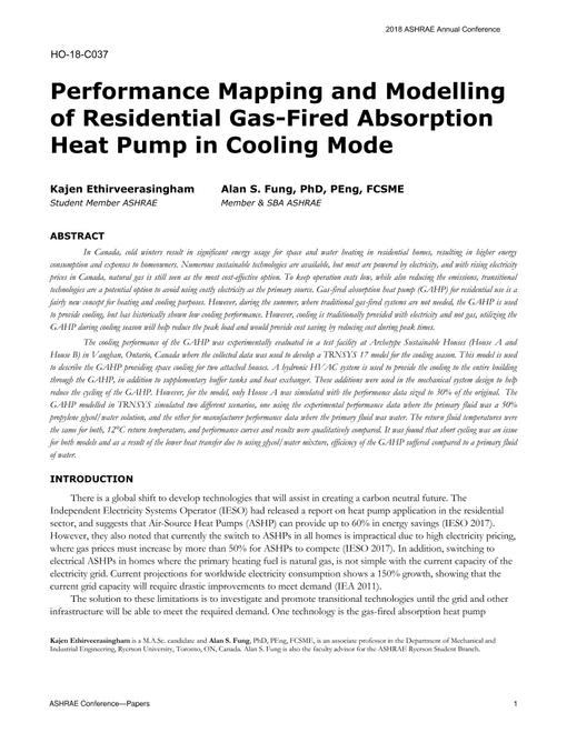HO-18-C037 -- Performance Mapping and Modelling of Residential Gas-Fired Absorption Heat Pump in Cooling Mode