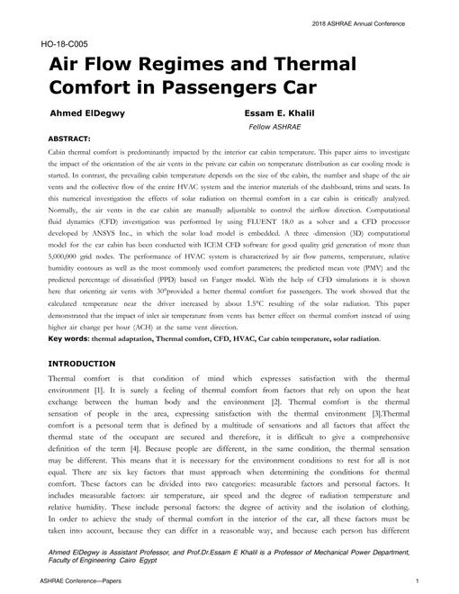 HO-18-C005 -- Air Flow Regimes and Thermal Comfort in Passengers Car