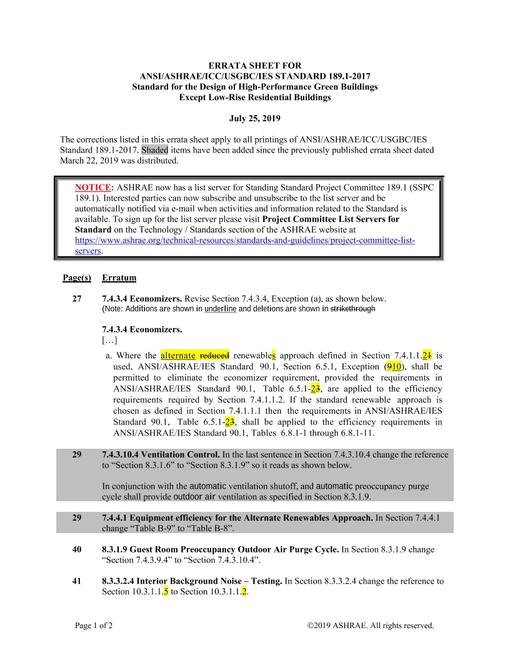 ASHRAE/ICC/USGBC/IES 189.1-2017 Errata (July 25, 2019)
