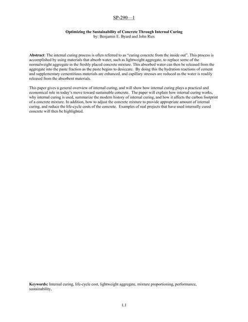 The Economics, Performance and Sustainability of Internally Cured Concrete