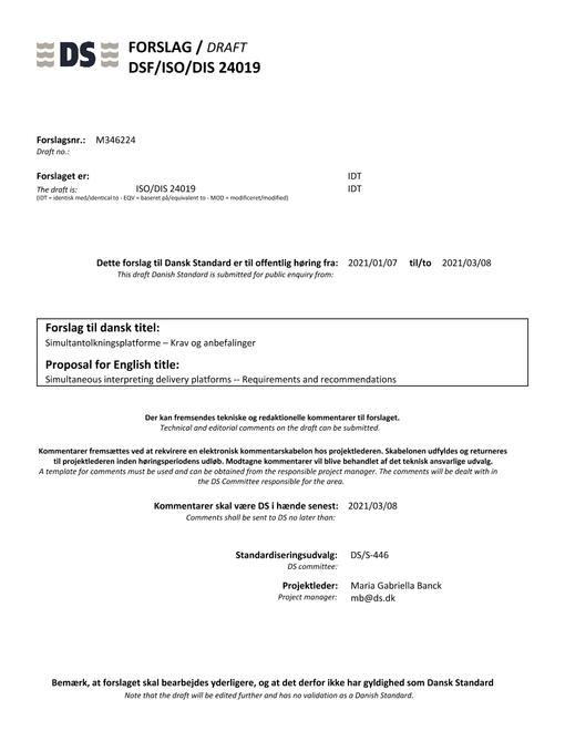 DANSK DSF/ISO/DIS 24019