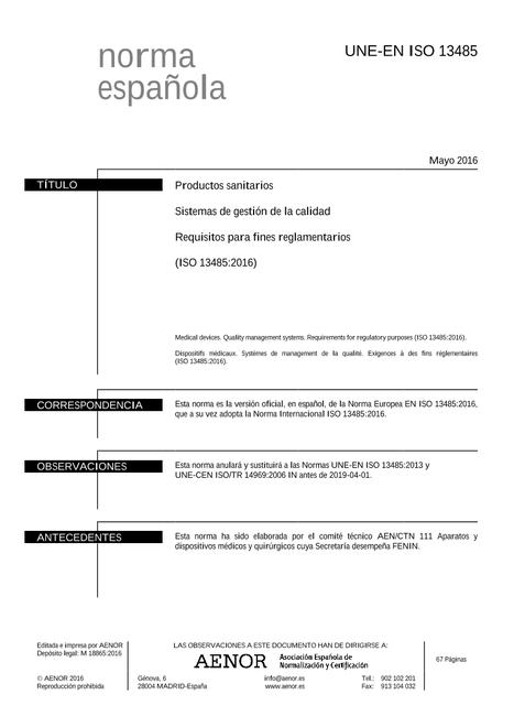 AENOR UNE-EN ISO 13485