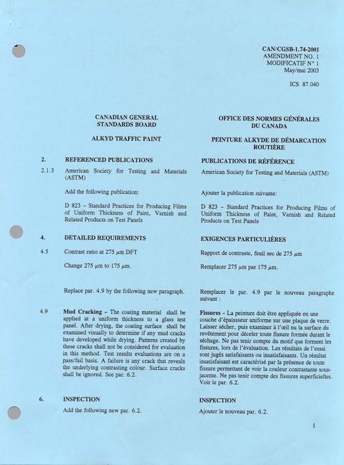 CAN/CGSB 1.74-2001 AMEND. NO. 1