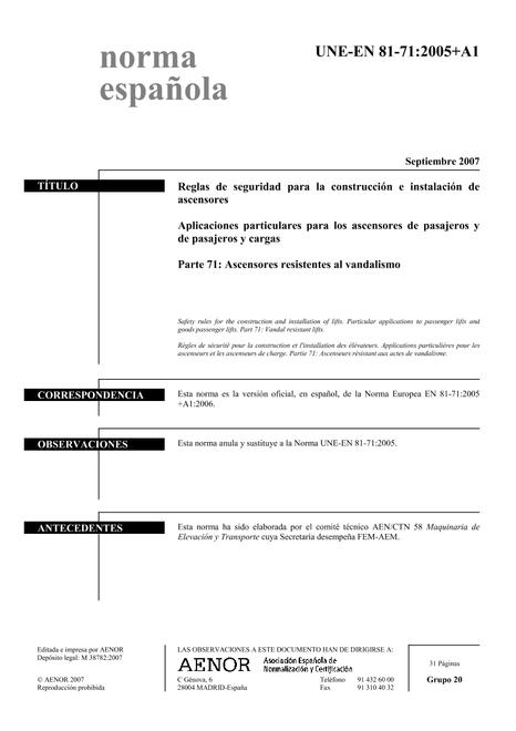 AENOR UNE-EN 81-71+A1
