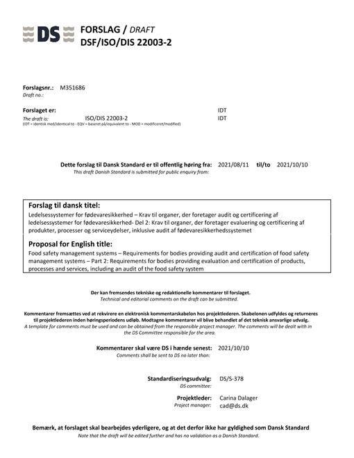 DANSK DSF/ISO/DIS 22003-2